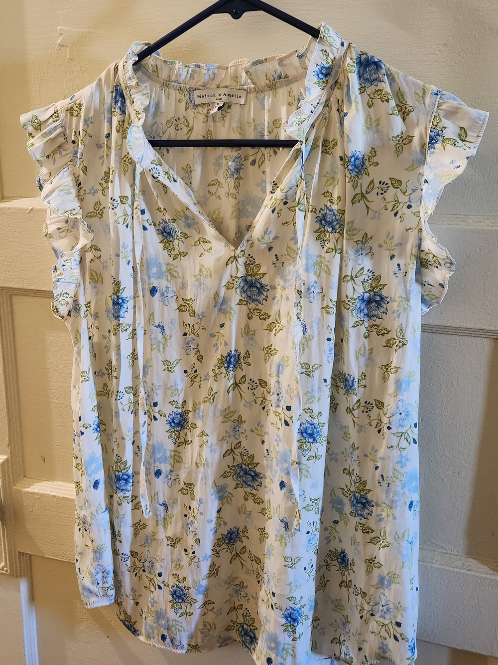 Floral RUFFLE Tie BLouse TOP L